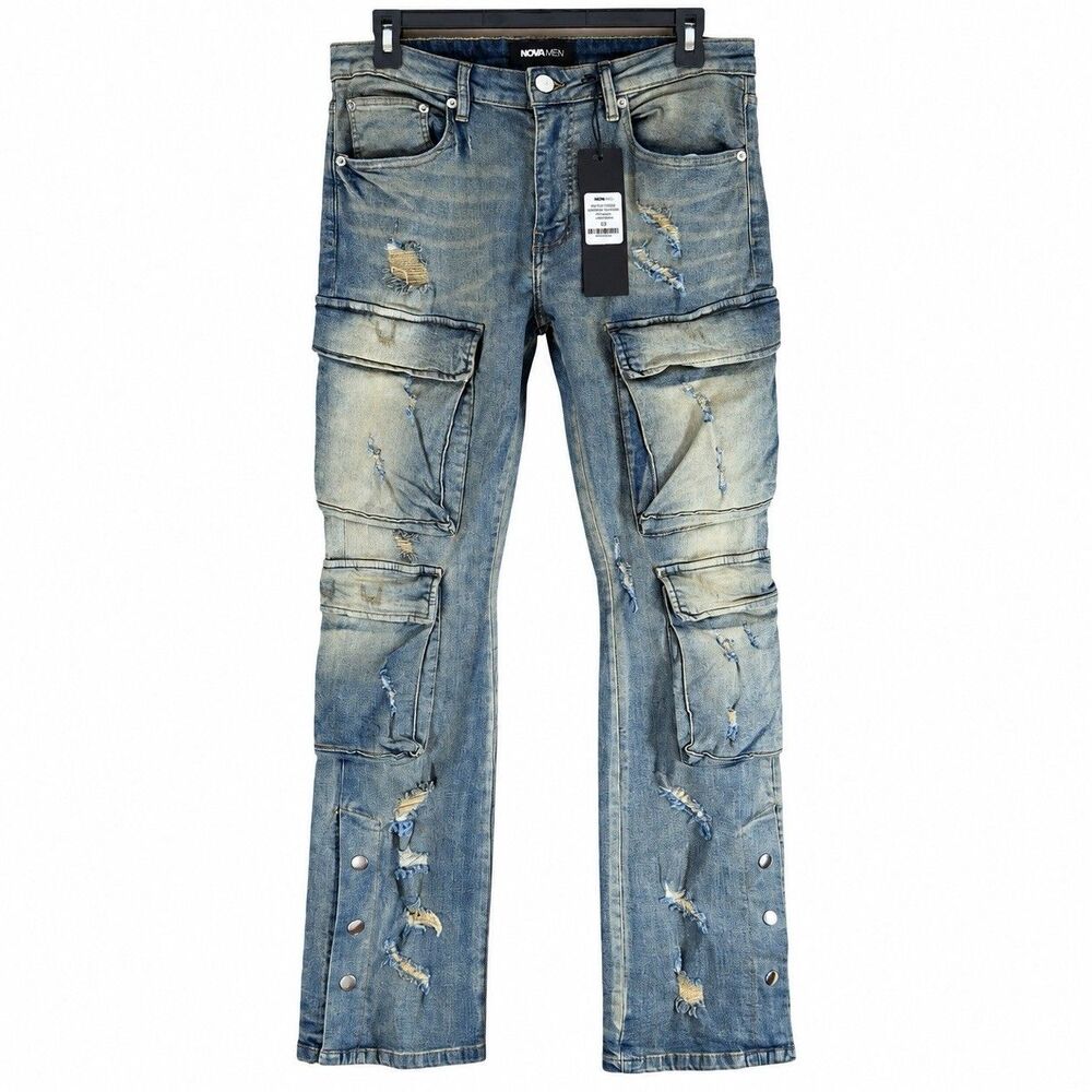 Nova Men On The Set Stacked Skinny Snap Flare Jeans Vintage Wash Size 32